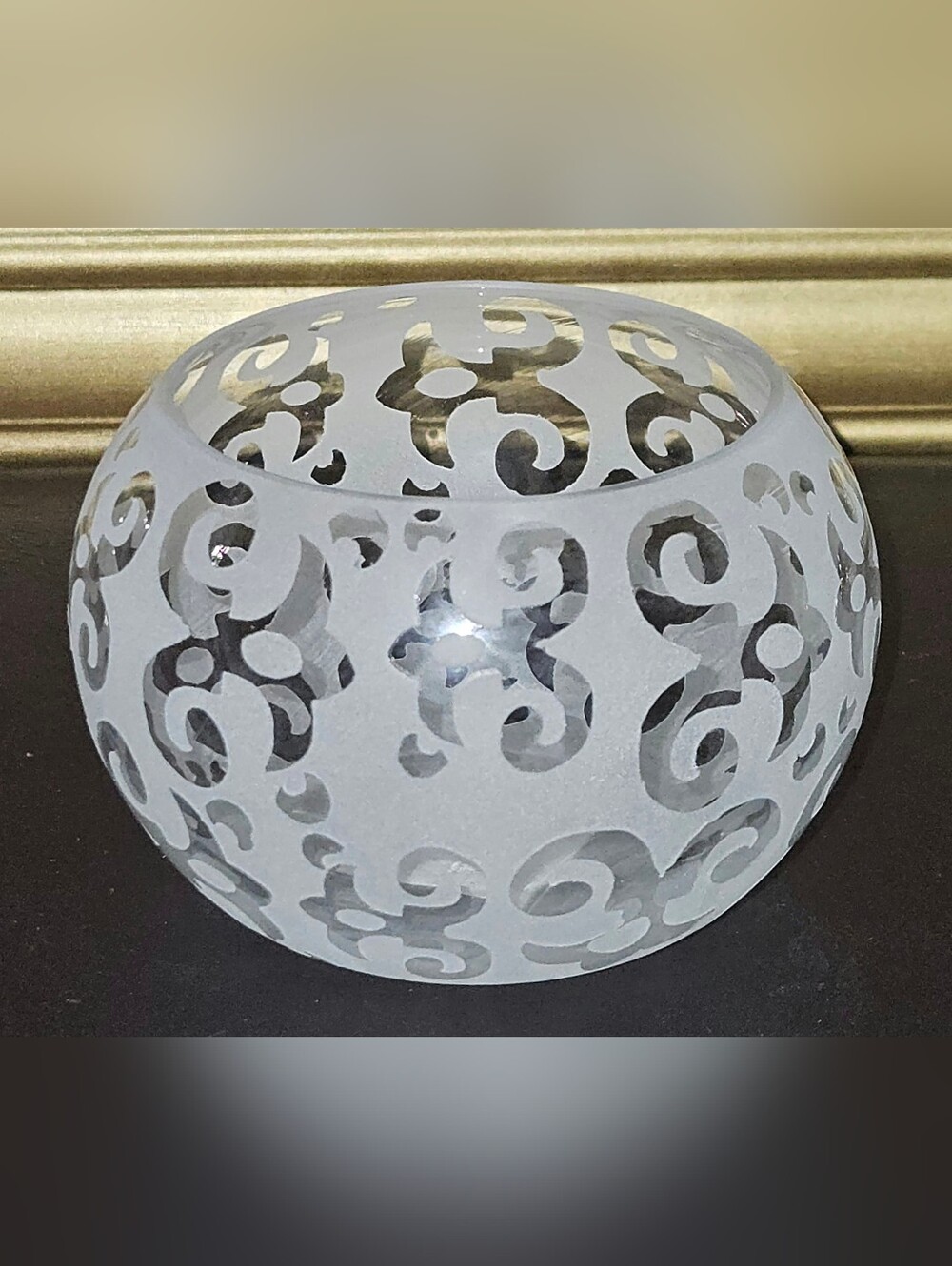 Plume Frosted Glass Scroll Pattern Votive Holder - White